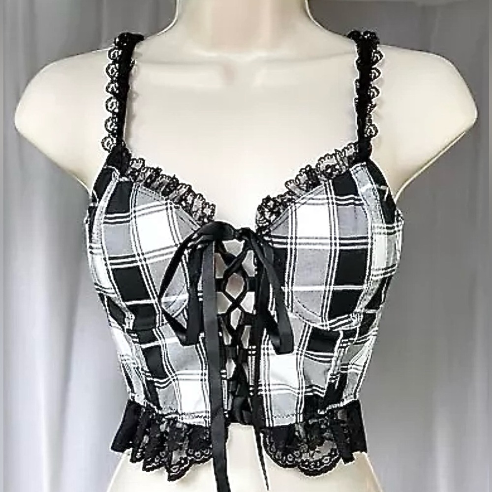 Size Small………Black &‎ White Adjustable Lace front tying Corset Top. New……Widow
